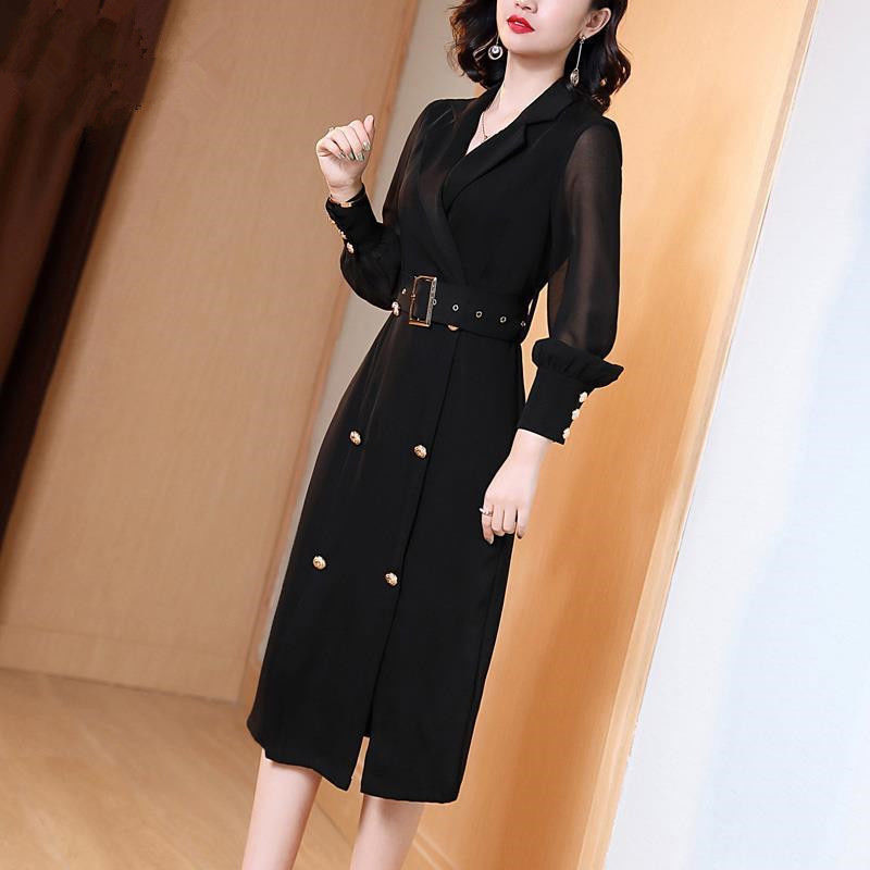 Women 2021 Spring Autumn Office Wear Midi Dress Female Long Sleeve Notched Collar Sheath Bodycon Pencil Business Vestidos Z333 alx