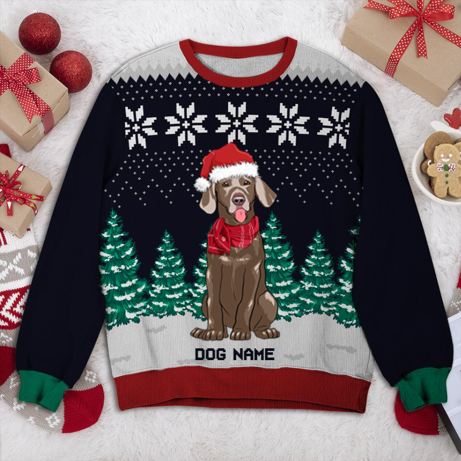 Weimaraner Dog And Christmas Tree Personalized Sweater, Dog Ugly Christmas Sweater