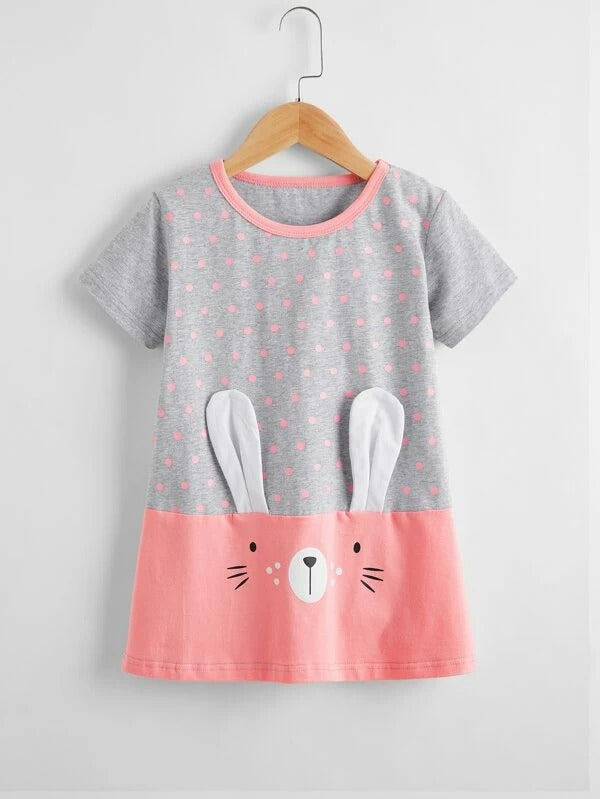 Toddler Girls 3D Rabbit Ear Design Polka Dot Tee Dress