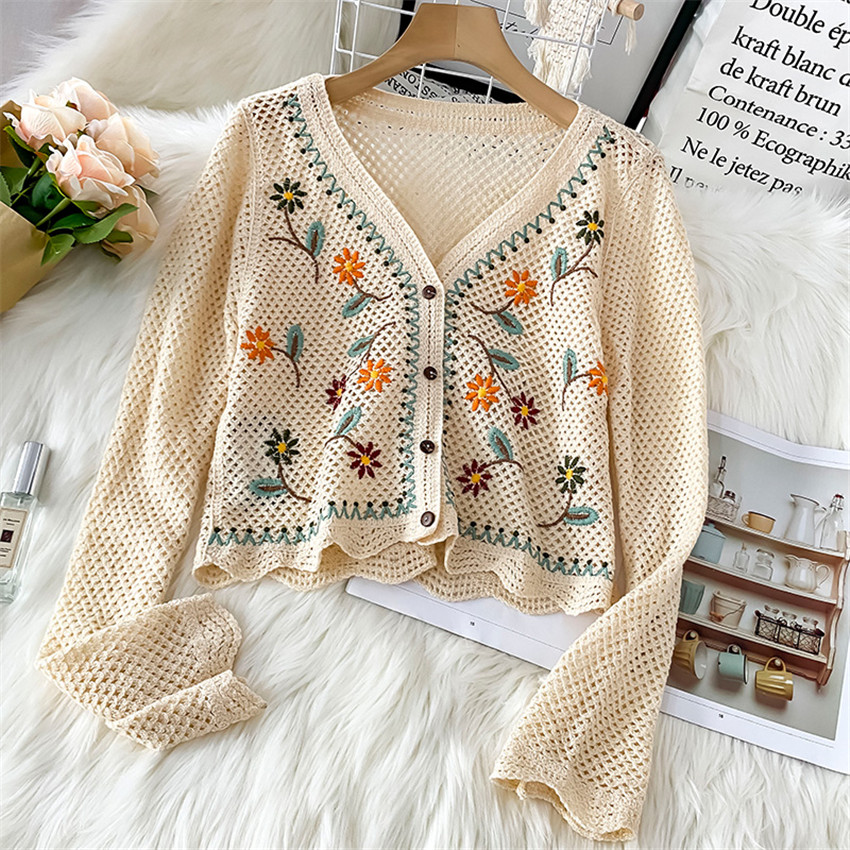 2022 Spring Bohemian Boho Clothing Embroidery Hollow Out Crochet Knitted Cardigan Women Long Sleeve Sweater Coat Beach Crop Top alx