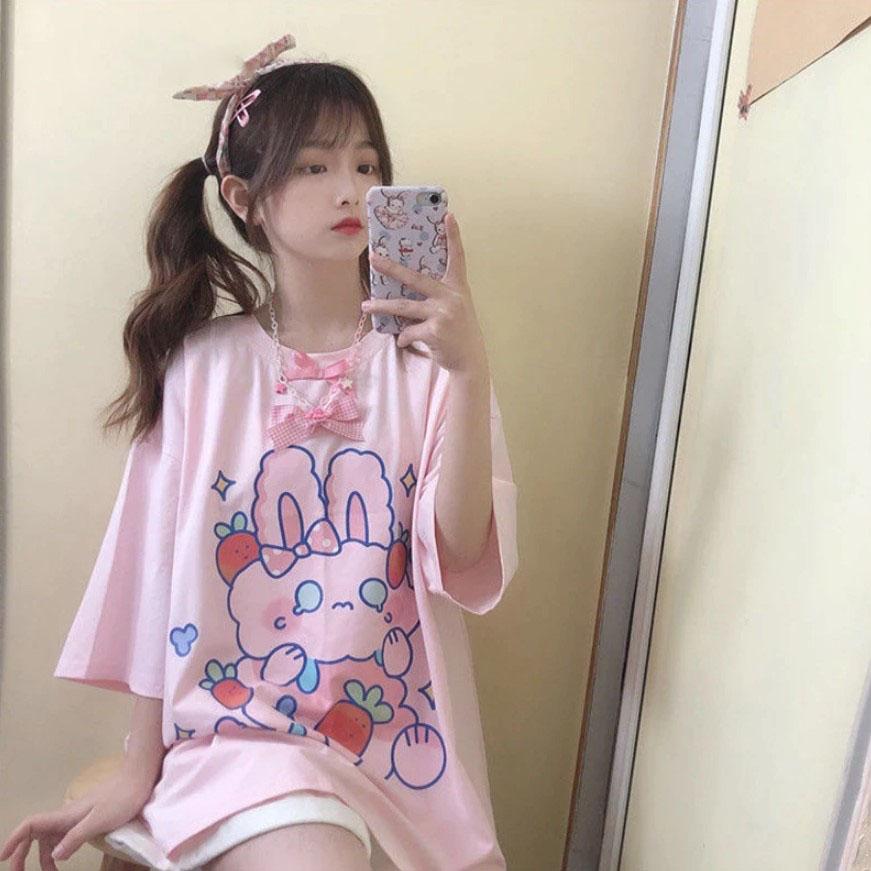 Kawaii Pink T-Shirt Bow Print Rabbit