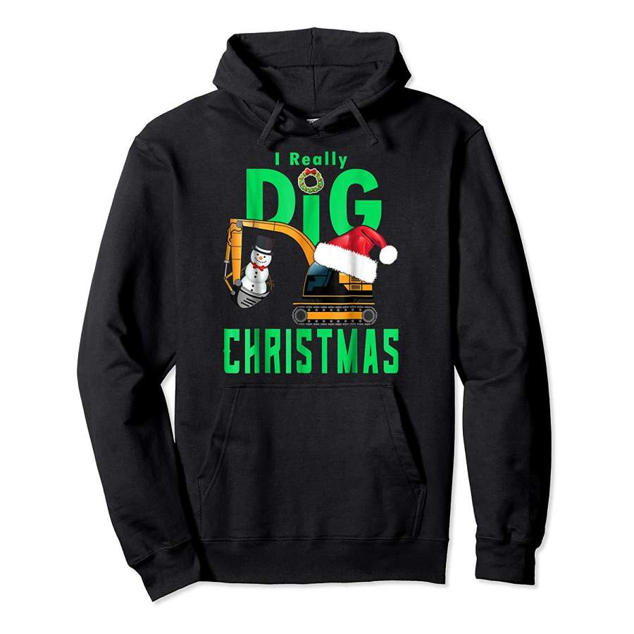 Mens Excavator Construction T shirt I Really Dig Christmas Santa Hoodie