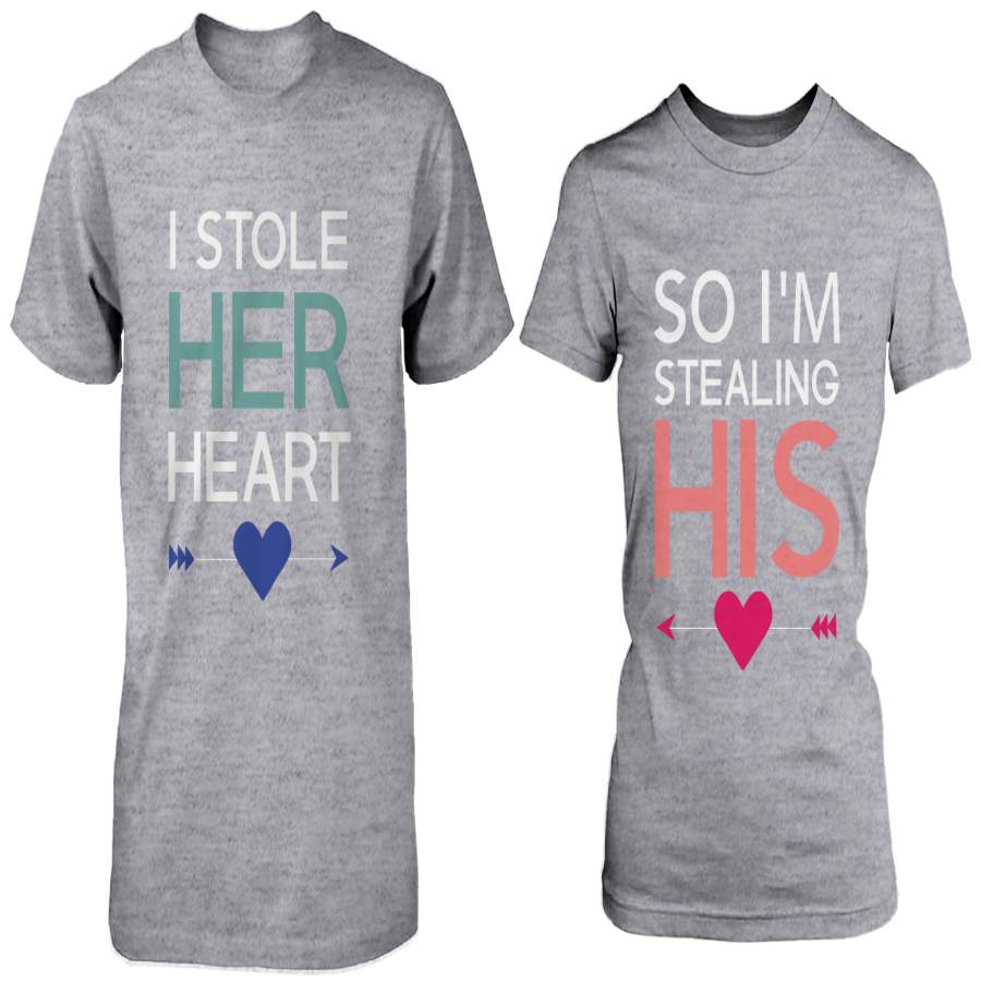 I Stole Her Heart, So I’m Stealing Heart Matching Couple Shirts in Grey (Set)