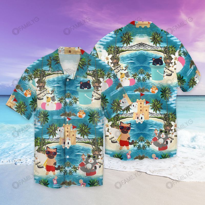 Cat Shirt – Tropical Cute Kittens Play On The Beach Hawaiian Shirt Summer Hawaiian For Men, Women, Couple