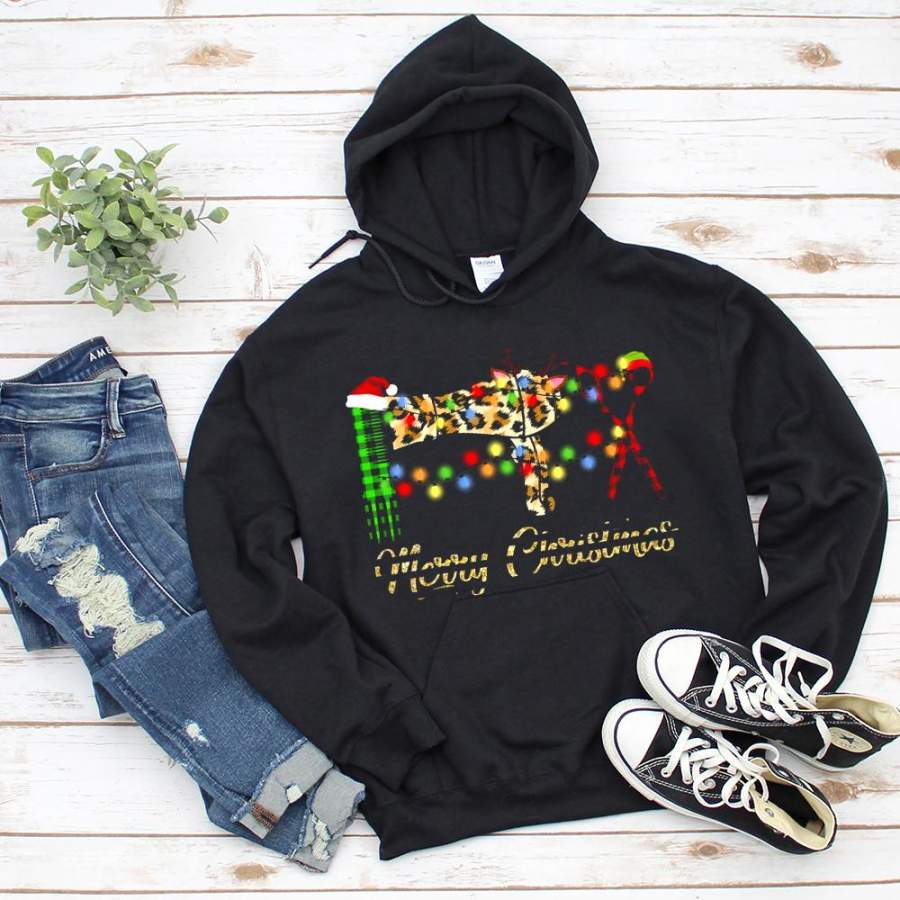 Hairdresser merry christmas comb leopard plaid santa hat scissors colorful light funny black hoodie for men and women S-5XL