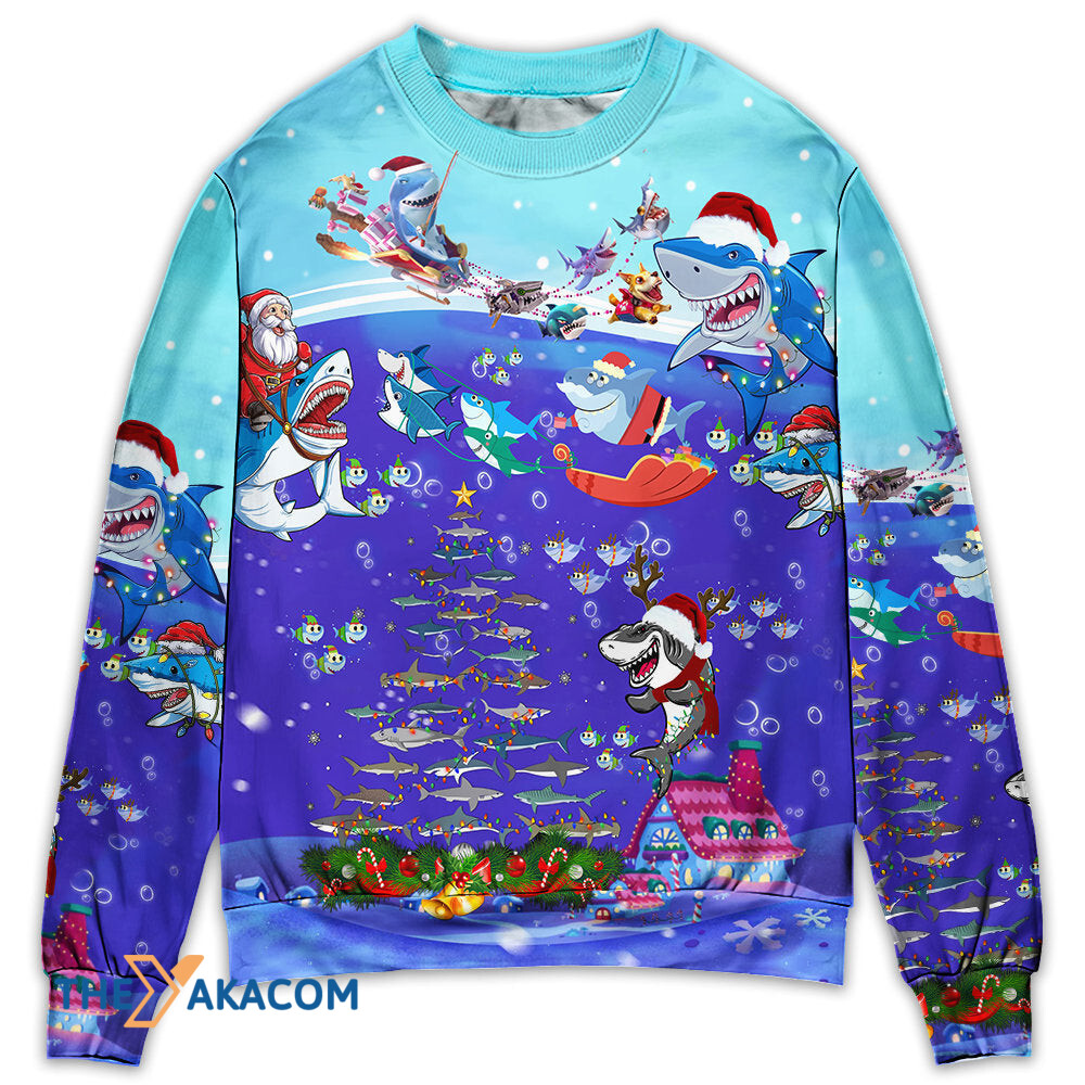 Christmas Santa Shark Sits On Rockets And Brings Gifts To Ocean Gift For Lover Ugly Christmas Sweater