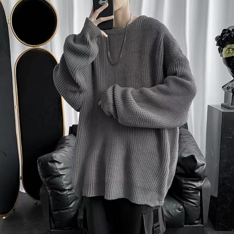 2022 Autumn New Light Luxury Fashion Round Neck Sweater Men Korean Version Loose Thickening Bottoming Knitted Boutique Clothing alx