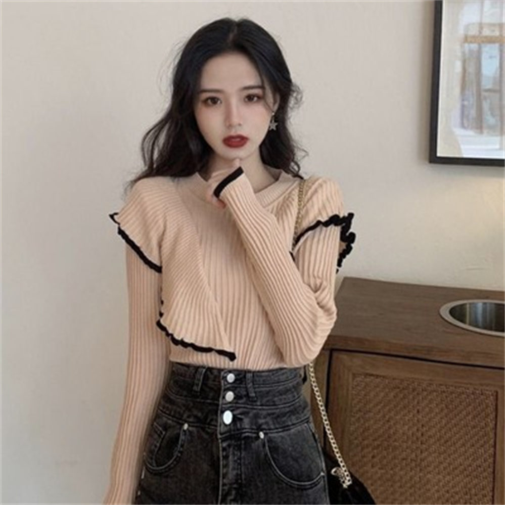 2021 New Spring And Autumn Korean Version Of Slim-Fit All-Match Blouse Ruffled Long-Sleeved Knit Sweater Women H1215 alx