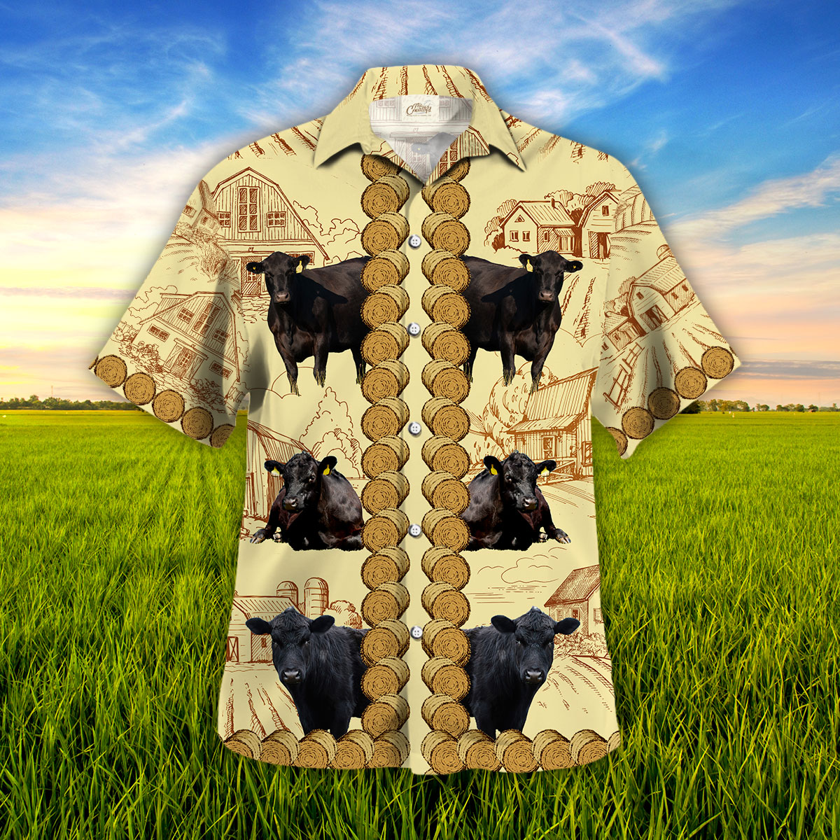 Black Angus In Rolled Hay Pattern Hawaii Shirt Ha9078