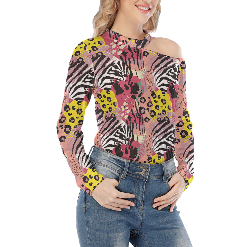 Exotic Leopard Skin Off Shoulder Knitted Long Sleeve T-Shirt