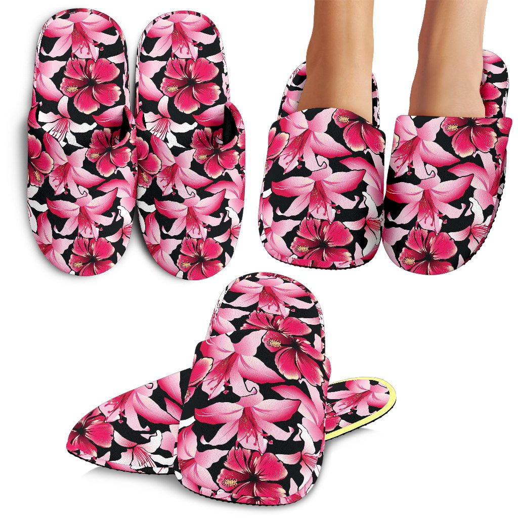 Flower Hawaii Pink Red Hibiscus Print House Slippers Ha90255