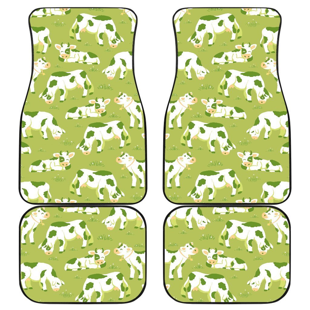 Cute Smiley Cow Pattern Print Front And Back Car Floor Mats, Front Car Mat