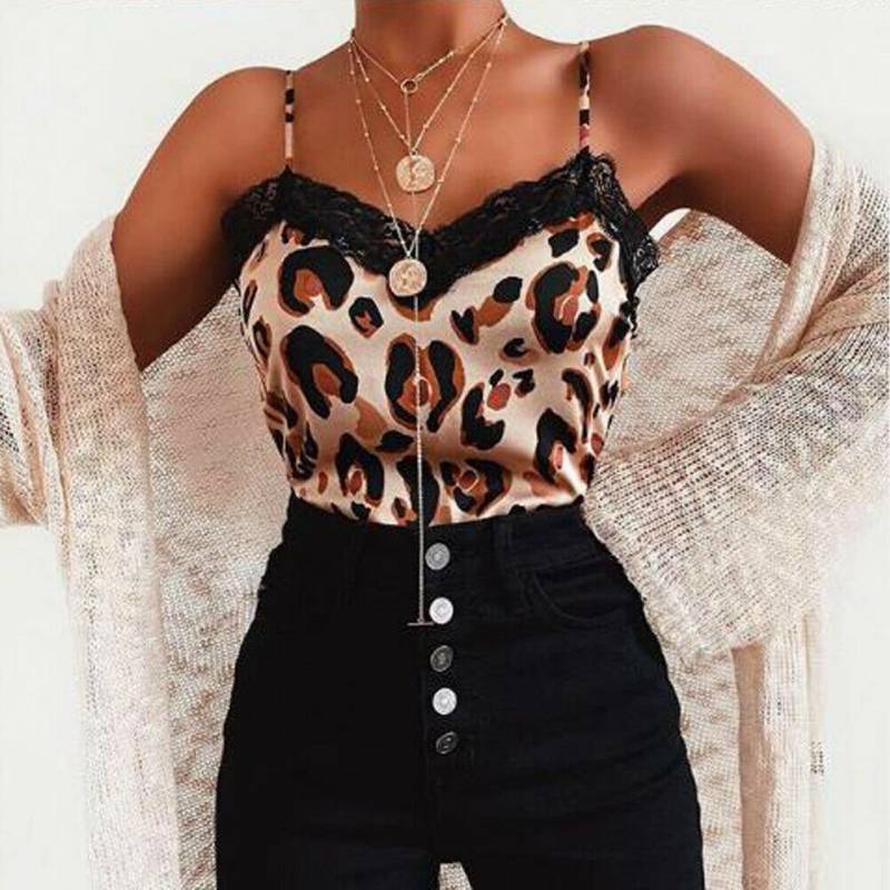 Sexy Sling Lace Up Loose Casual V-Neck Leopard Print Tank Tops