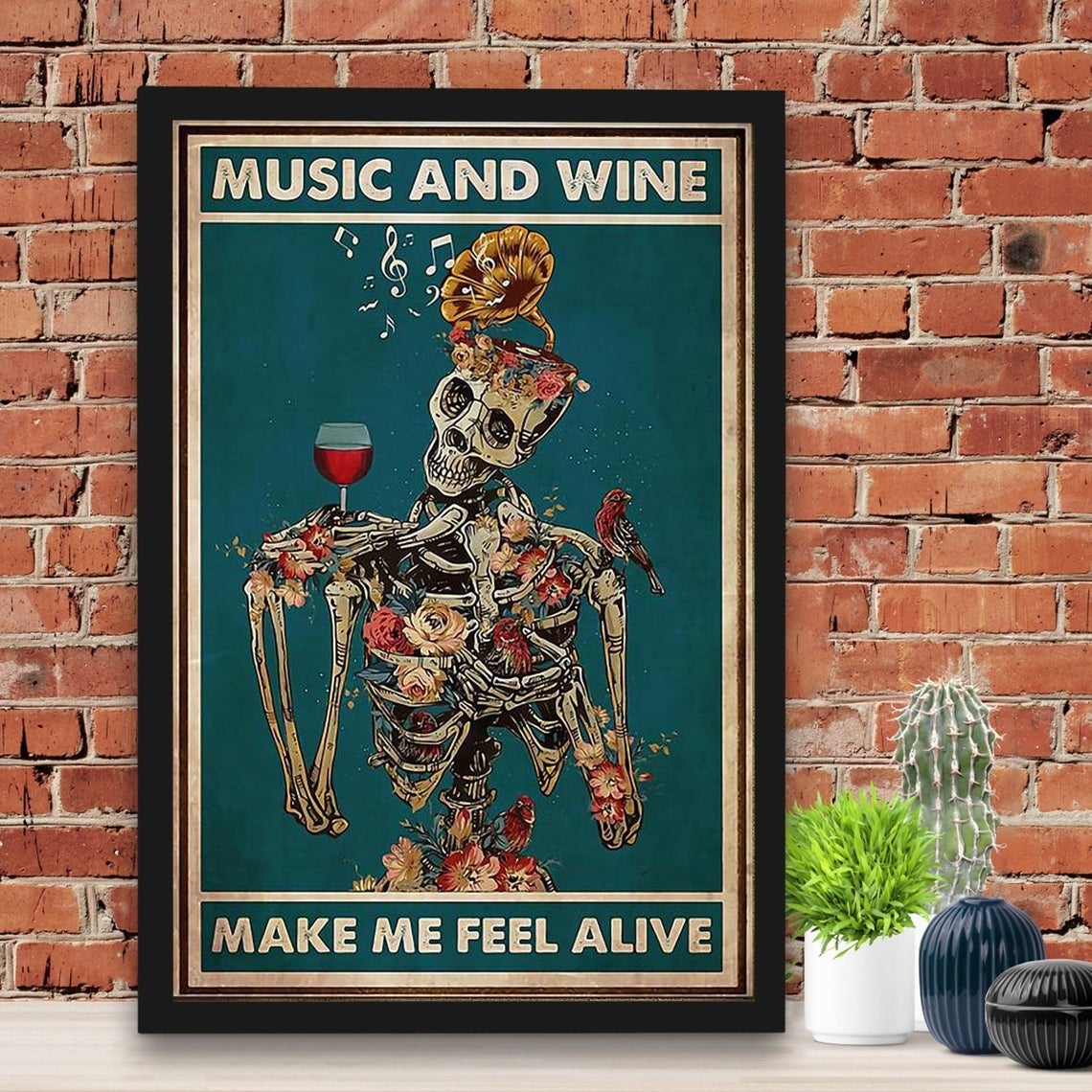 Skeleton Music And Wine Make Me Feel Alive Canvas And Poster, Canvas Wall Art, My Poster Wall, Happy Halloween, Halloween Decoration 1