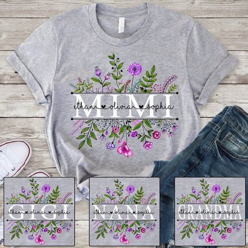 Personalized Grandma Shirt Wildflowers Mimi Shirt, Grandma Gift, Grandkids Watercolor T-Shirt Pantone Shirt, Shirt For Grandma