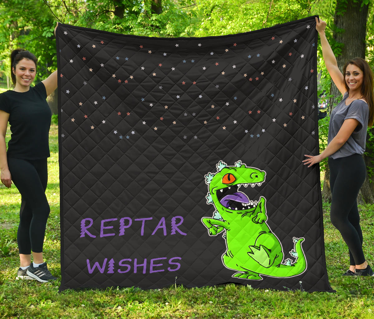 Christmas Premium Quilt | Reptar Wishes Green Dinosaur T-Rex Quilt Blanket