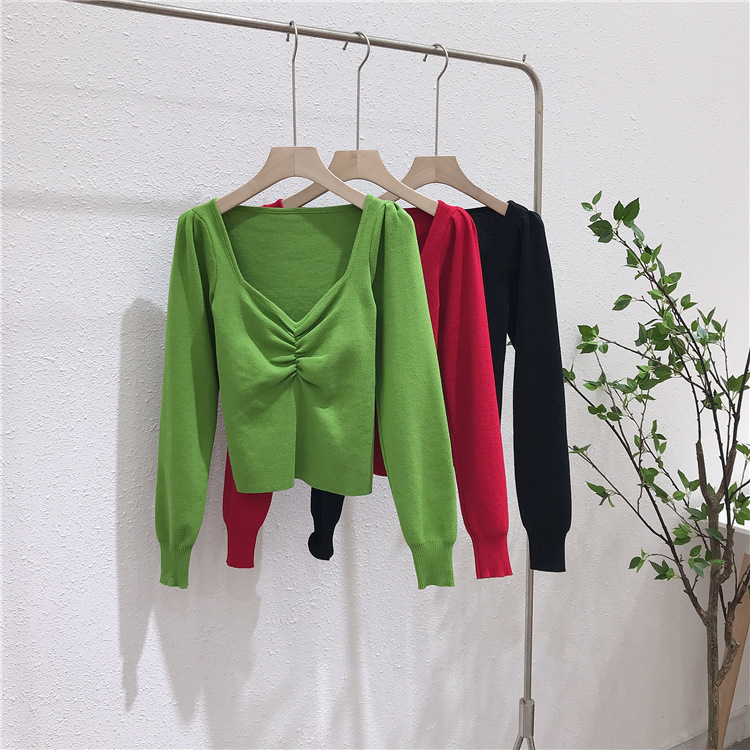 Square Neck Green Color Women Crop Tops Tees Lantern Sleeves Retro Elastic Knit Spring Fall Lady T-Shirt Sweaters alx