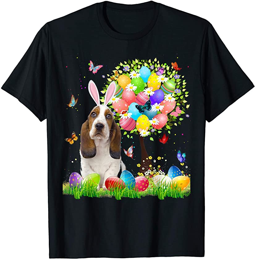 Cute Bunny Basset Hound Easter Eggs Tree Easter Easter Day T-Shirt