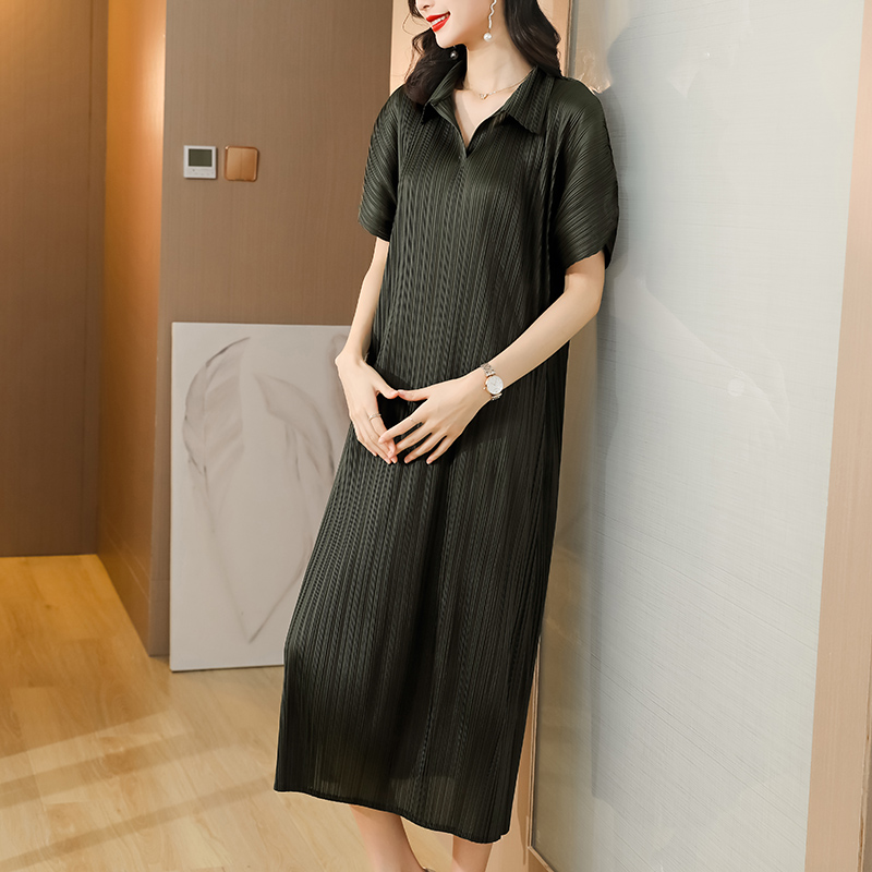 Summer Miyak Pleated Solid Color Loose Midi Dress Women Short Sleeve Turndown Collar Casual Split Fork Dresses Female Clothes alx