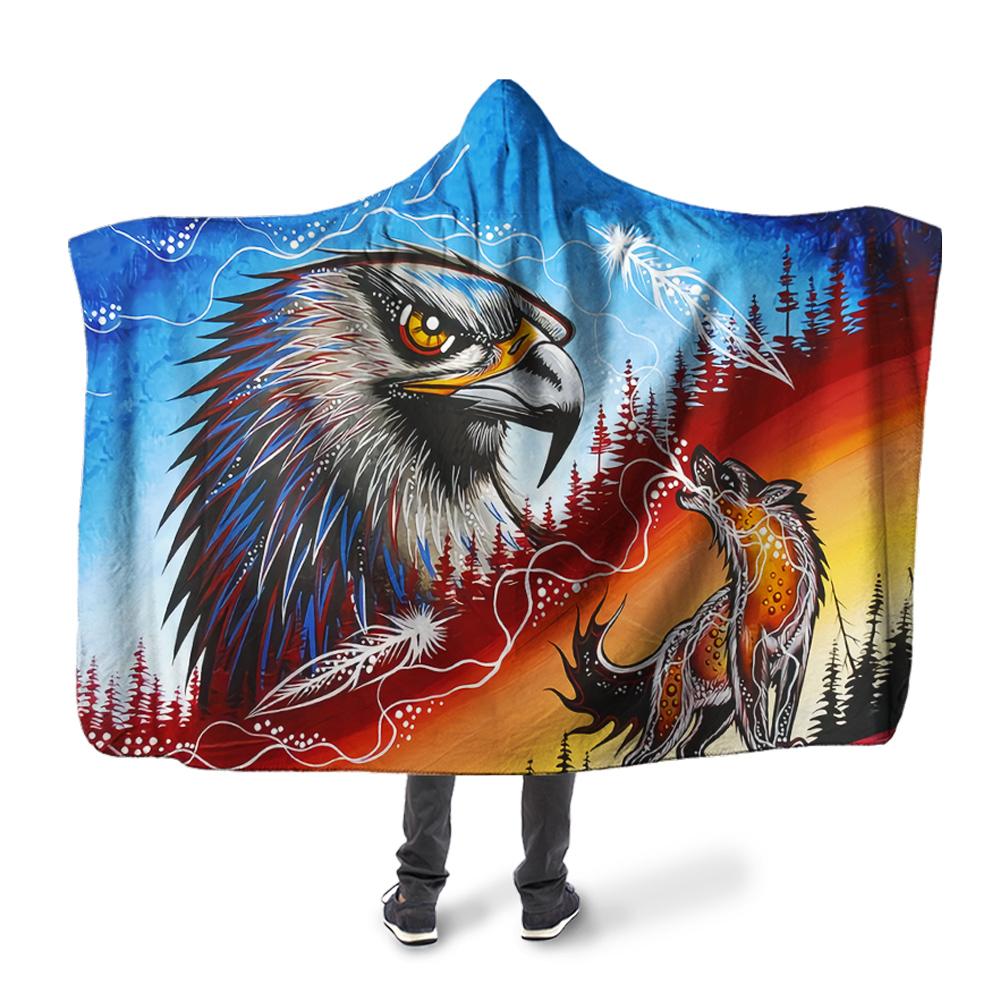 ViticStore™ Native American Wolf 3D All Over Printed Hawk And Wolf King Hooded Blanket