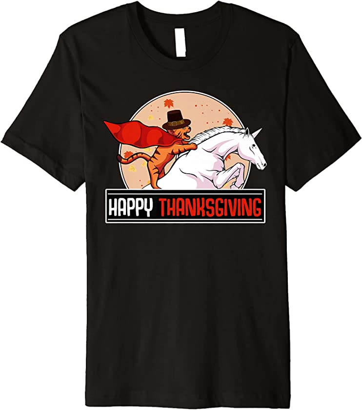 Cat Riding Unicorn Happy Thanksgiving Day Magical Kitten Premium T-Shirt