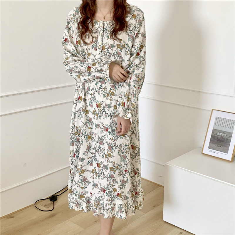 spring women loose vintage floral print nightgown retro 100%cotton long ruffle sleeve nightdress peter pan collar sleepwear L008 alx