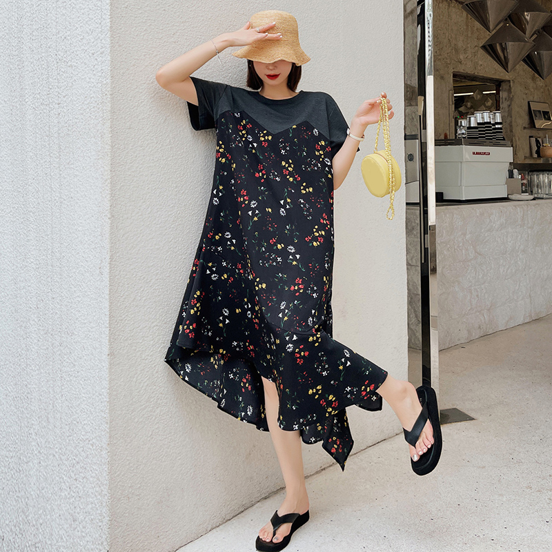 2021 New Korean Fashion Vintage Floral Women Dress Midi Black Loose Casual Patchwork Short Sleeve Summer Dress Elegant Clothes alx