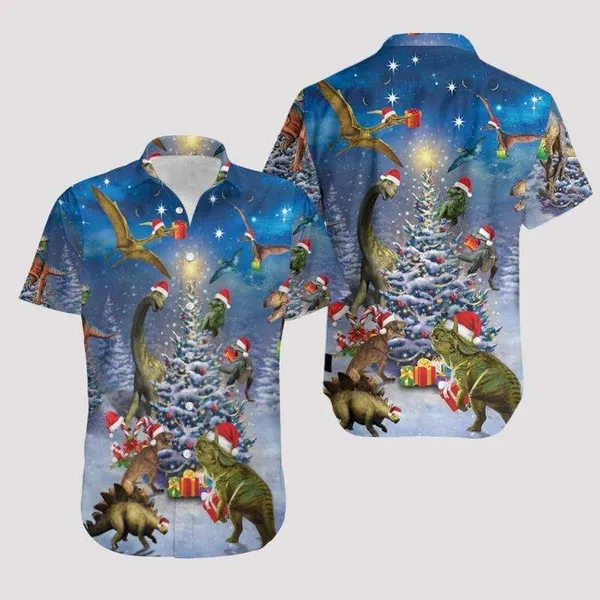 Amazing Dinosaur Reunion Under Christmas Tree Hawaii Shirt For Men Women Ha68054