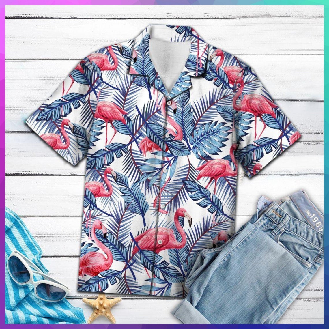 Flamingo Blue Palm Leaves Hawaii Shirt Made In Summer Beach Shirts Ha53060