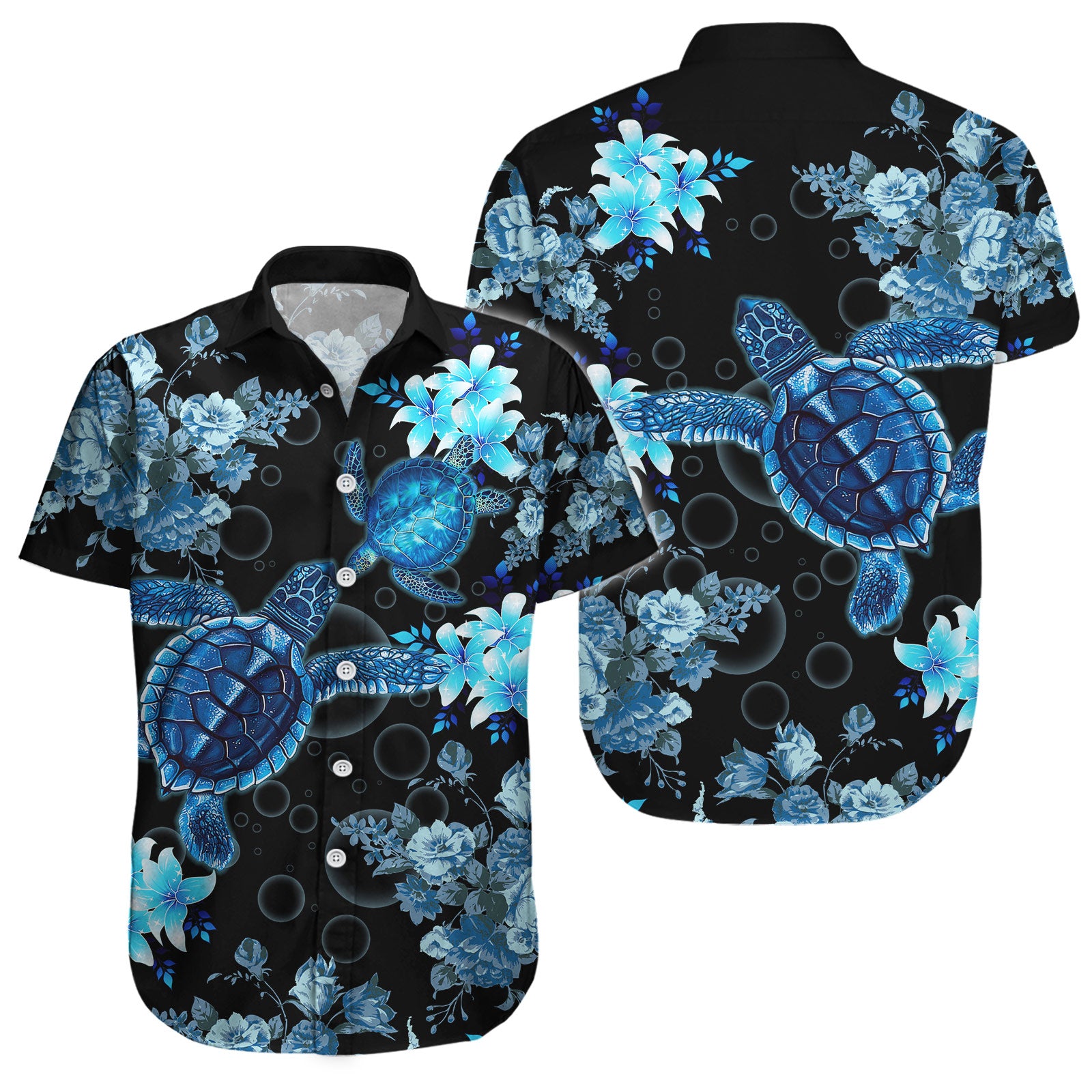 Turtle Blue Flower Pattern Button Shirt, Sea Turtle Button Shirt, Turtle Flower Hawaiian Shirt, Tropical Turtle Hawaiian Shirt, Ocean Summer Shirt