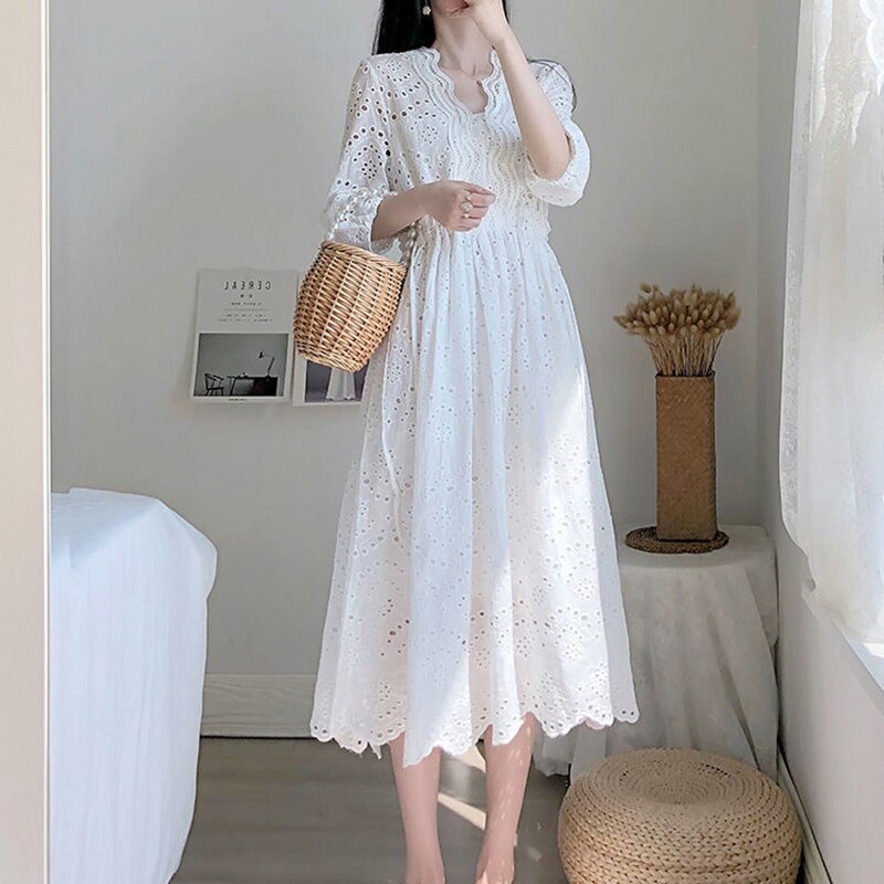 Summer White Long Dress Women Elegant Embroidery Lace Hollow Out V-neck Maxi Dersses Korean Short Sleeve Party Dress alx