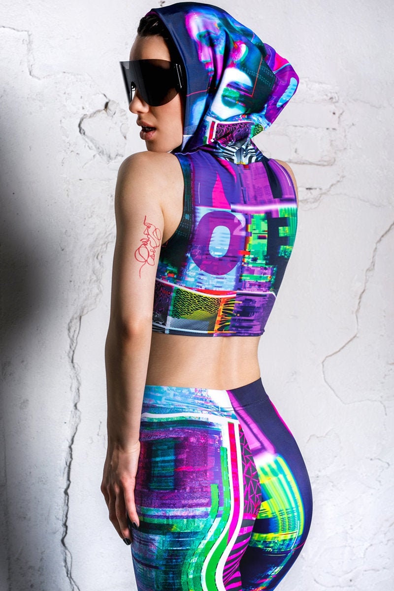 Festival Hoodie Crop Top women, sci fi clothing, festival cropped top, rave two piece set, Burning Man, rave wear, rave outfit, cyberpunk