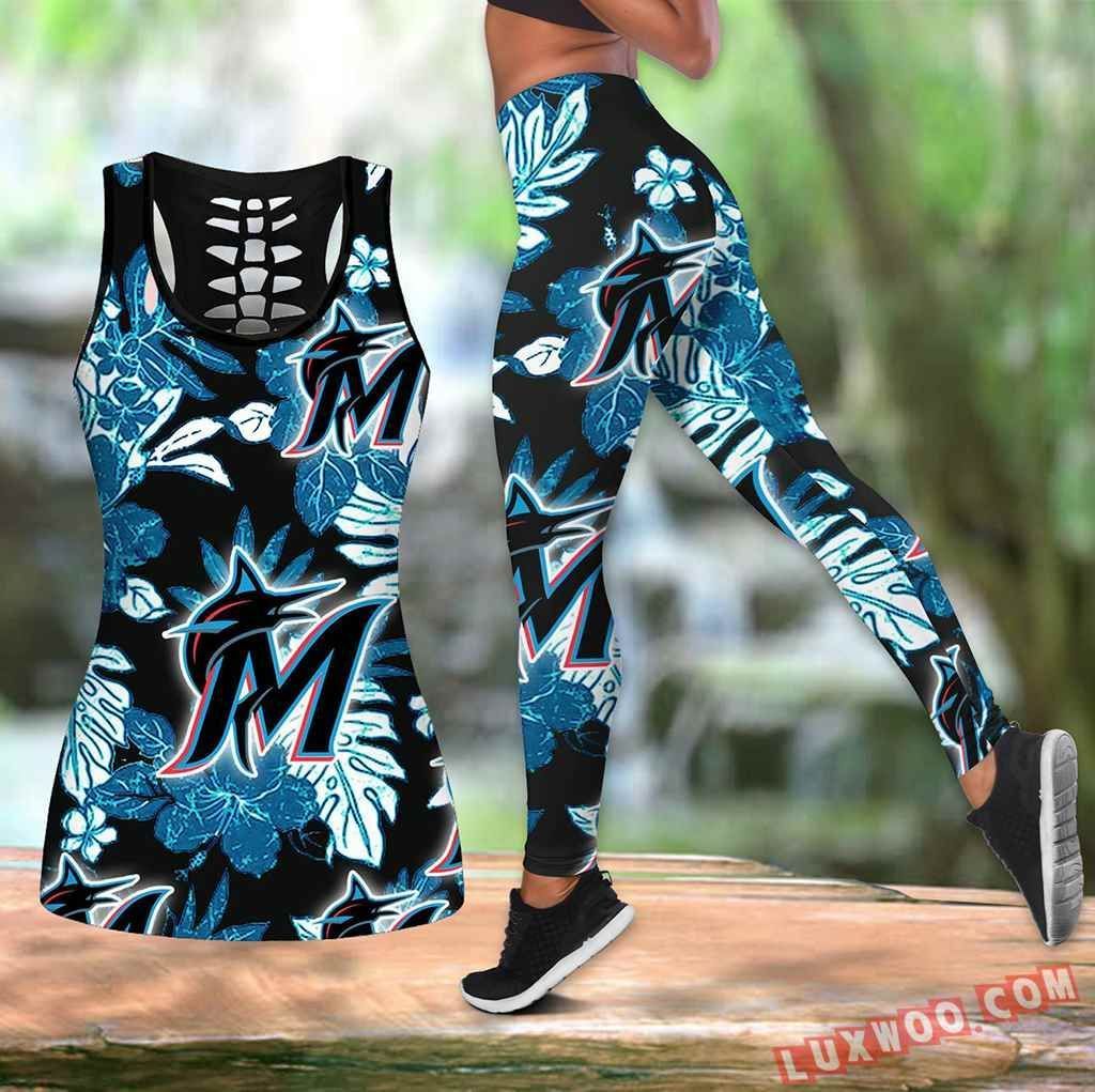 Combo Miami Marlins Hawaiian Tropical Flower Hollow Tanktop Legging Set Outfit K1566