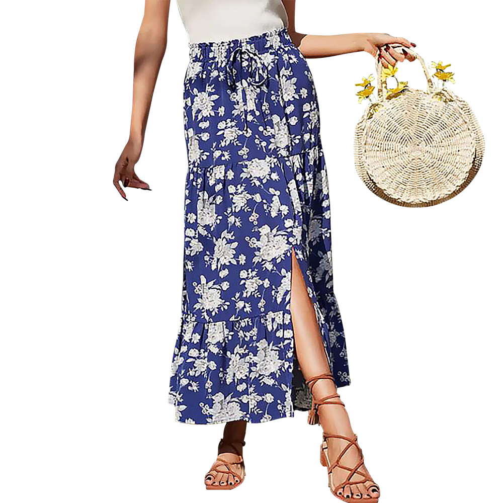 Boho Floral Print Front Slit Long Skirt Women 2022 Elegant Tiered Design Lace Up Elastic Waist Ruffle Hem A-Line Vacation Dress alx