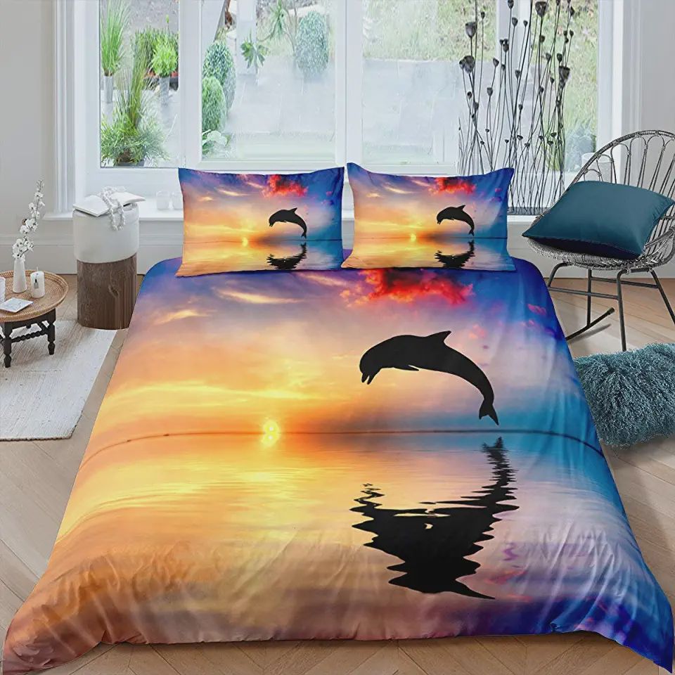 Sea Dolphin Cover Set Abstract Animal Duvet Cover Pastel Colorful Sunset Bedding Set(Duvet Cover & Pillow Cases)