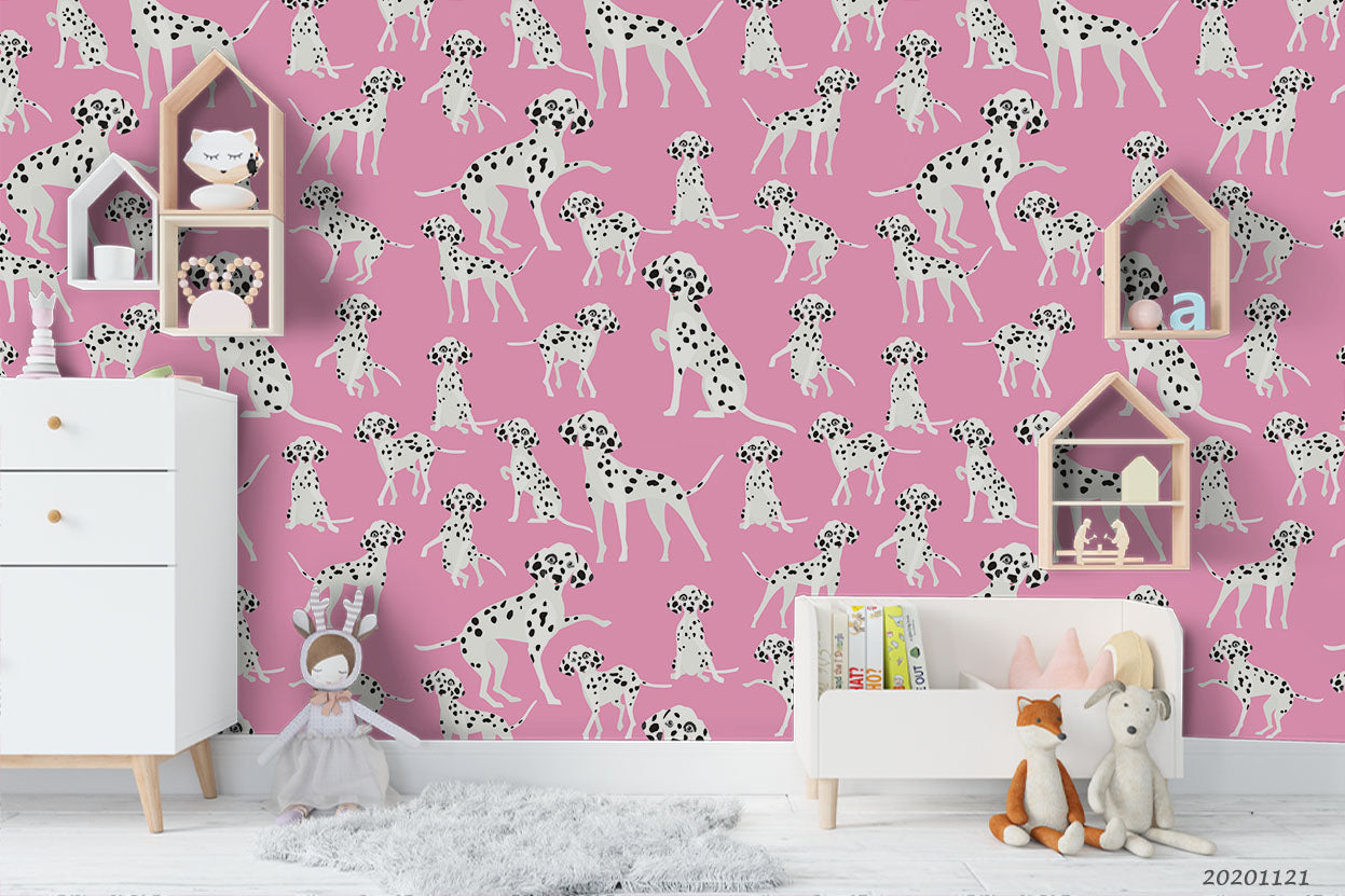 3D Cartoon Hand Drawn Dalmatian Dog Animal Pattern Pink Wall Mural Wallpaper Lxl