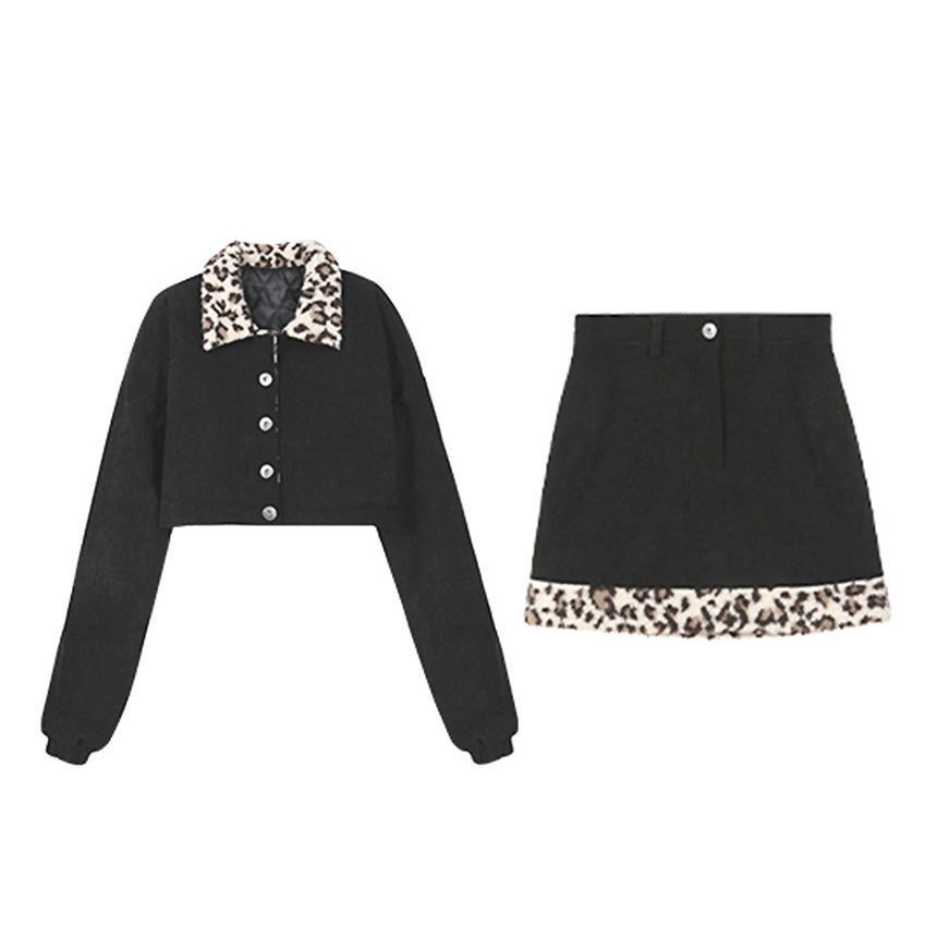 Women Sets Vintage Corduroy Leopard Patchwork Single Breasted Cropped Long Sleeve Jacket Mini Skirt Two Pieces Harajuku Ulzzang alx