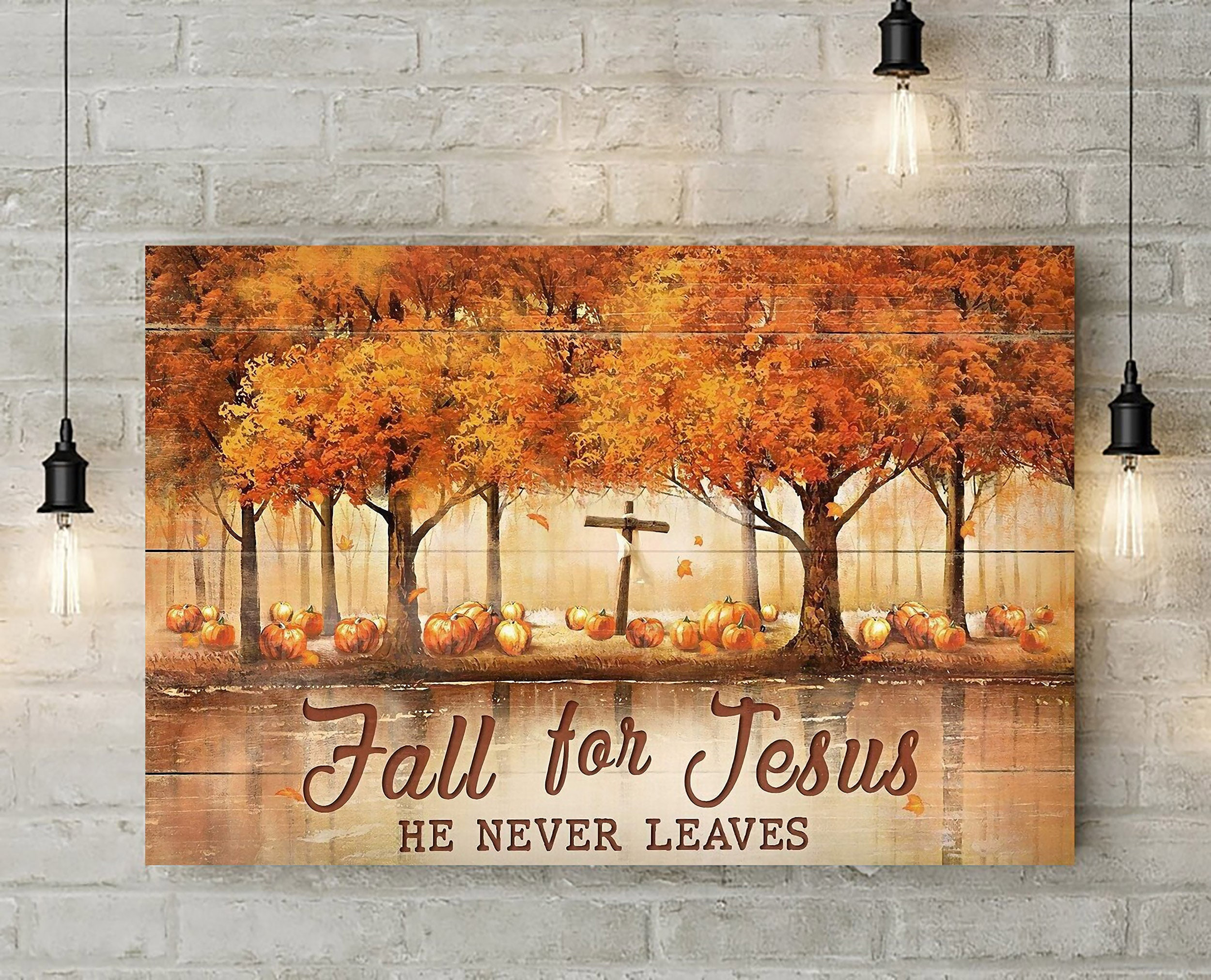 & Canvas | Fall Tree And Pumpkin Fall – Fall For Jesus, He Never Leaves Jesus Landscape Canvas Print – Wall Art Decor, Home Decor