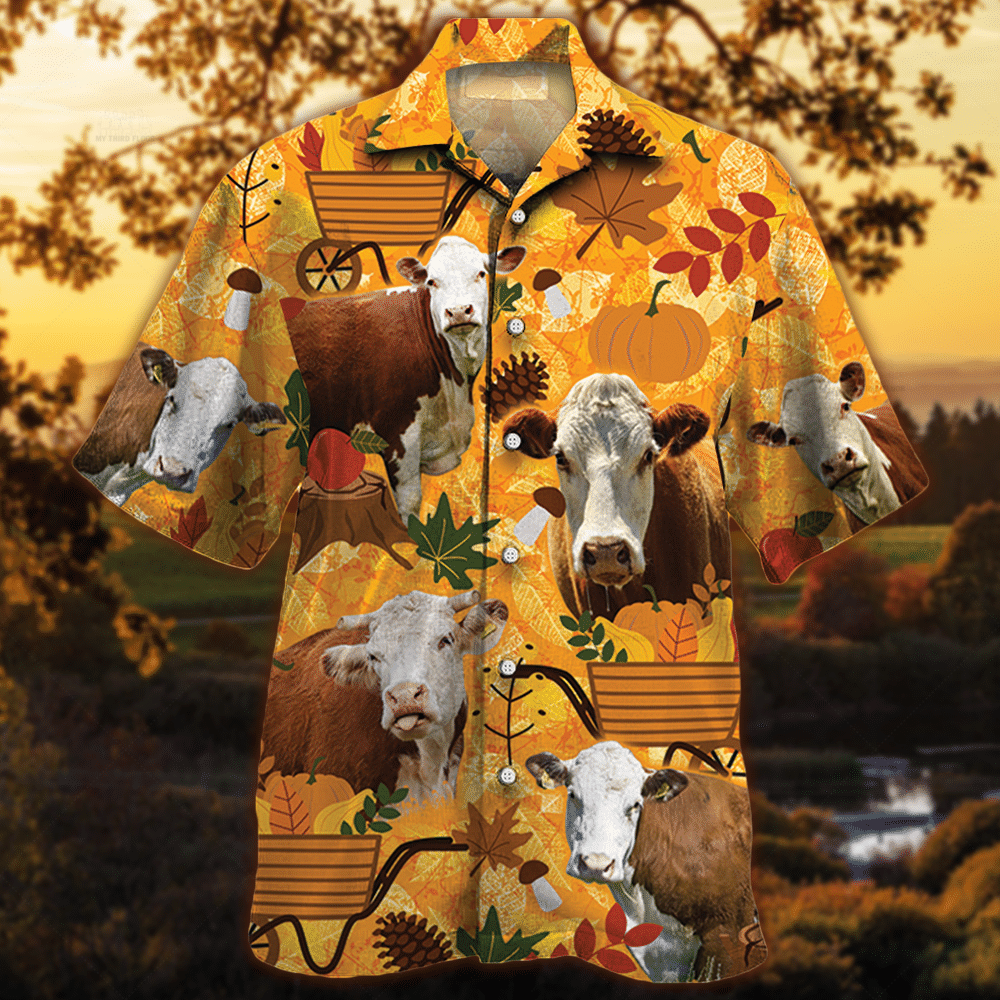 Hereford Cattle Lovers Orange Nature Autumn Hawaii Cow Hawaii Shirt For Men Women Ha29692