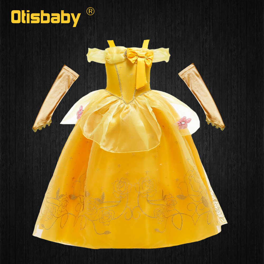 Beauty and the Beast Halloween Fairy Costume Girls Belle Dress Yellow Shoulderless Dresses Princess Belle Curly Wig for Children alx