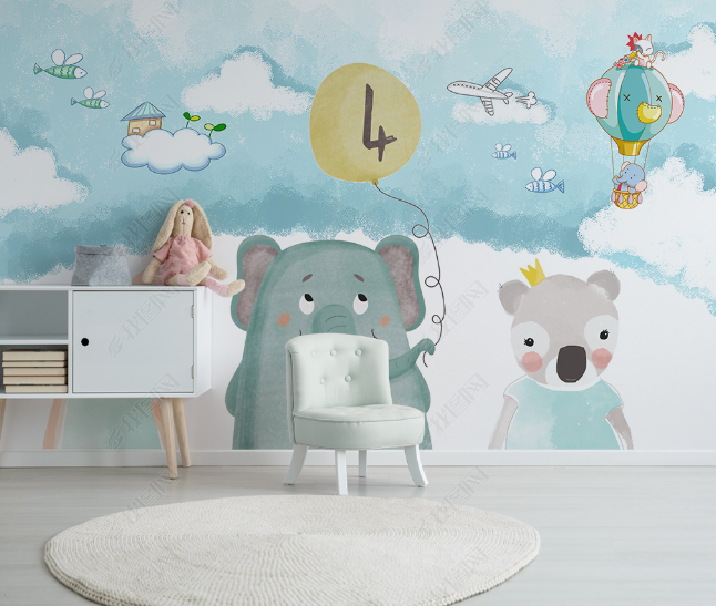 3D Cartoon Sky Cloud Airplane Animal Wall Mural Wallpaper Lqh 149