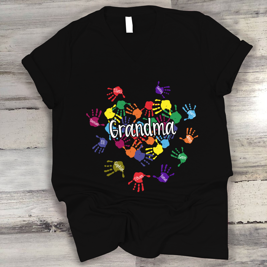 Grandma And Grandkids Heart Colorful Hands Art V-Neck