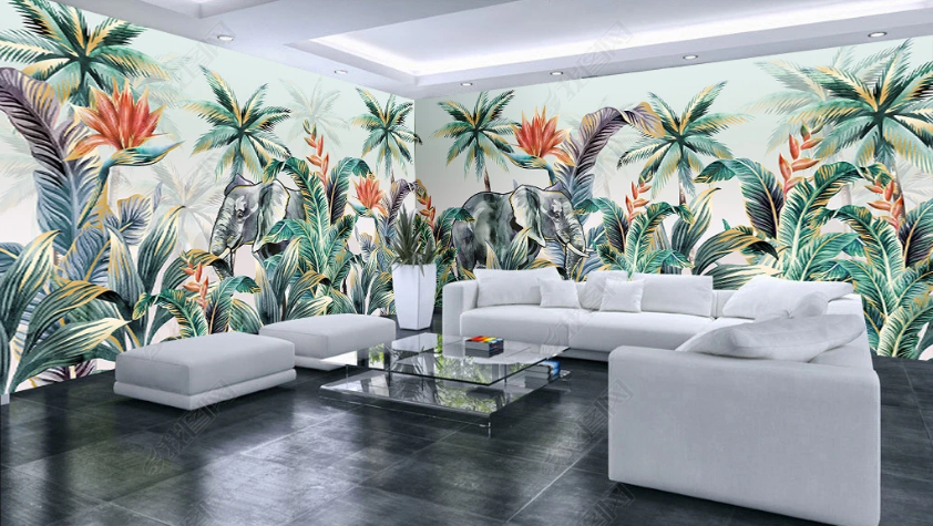 3D Tropical Leaf Floral Elephant Wall Mural Wallpaper Lqh 51