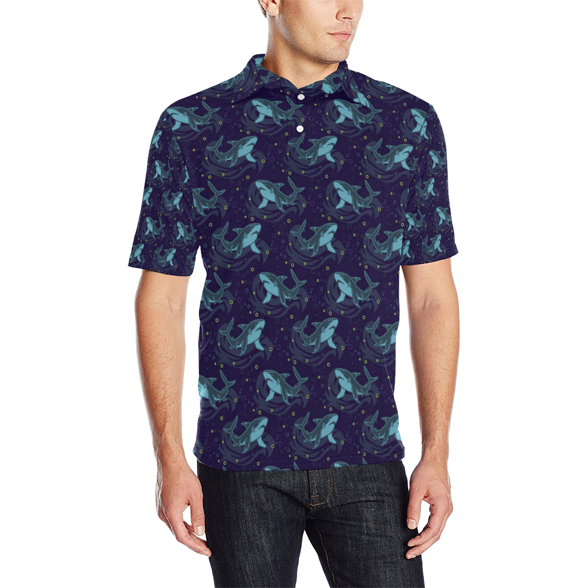 Shark Themed Print Men Polo Shirt