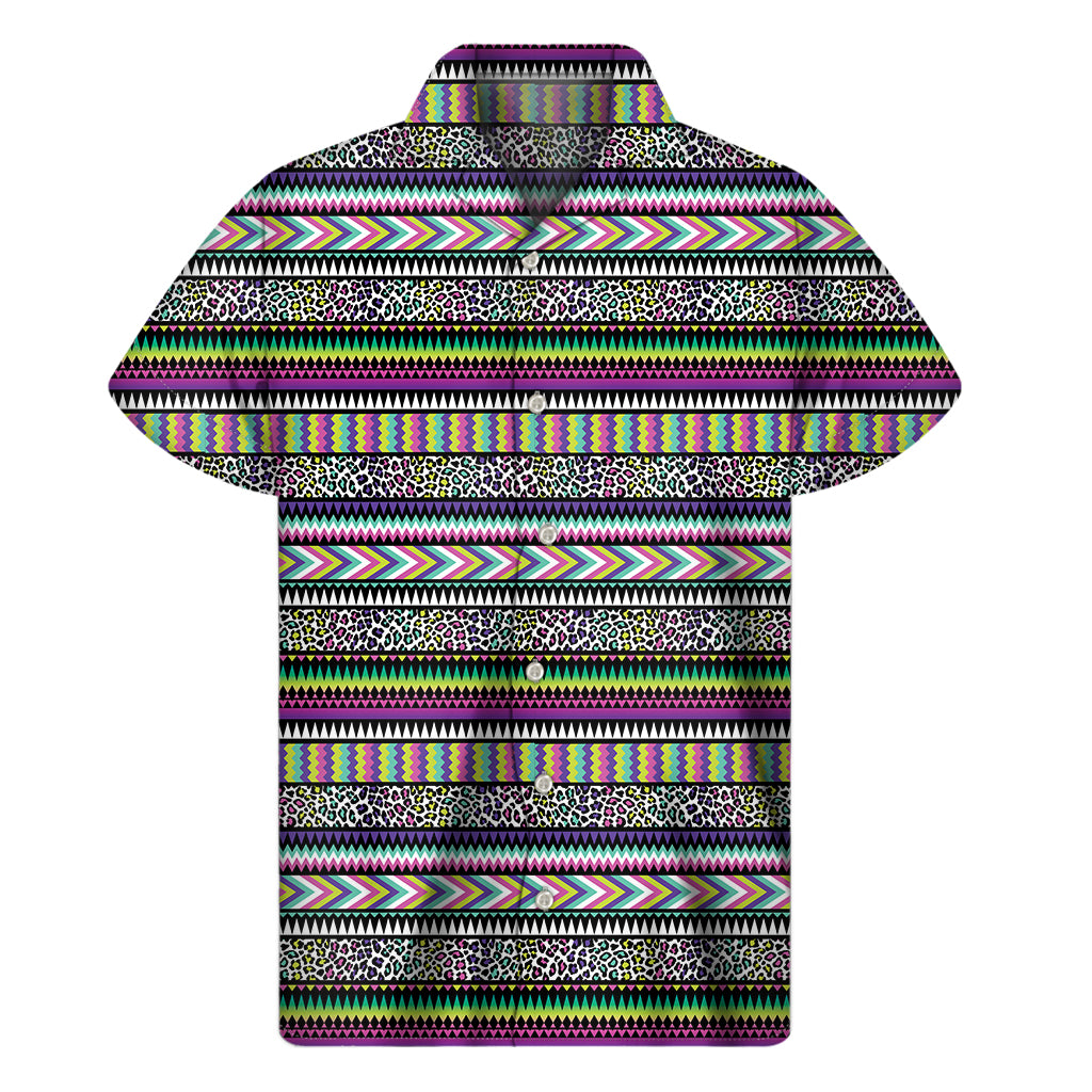 Colorful Leopard Navajo Tribal Print Men’S Short Sleeve Shirt