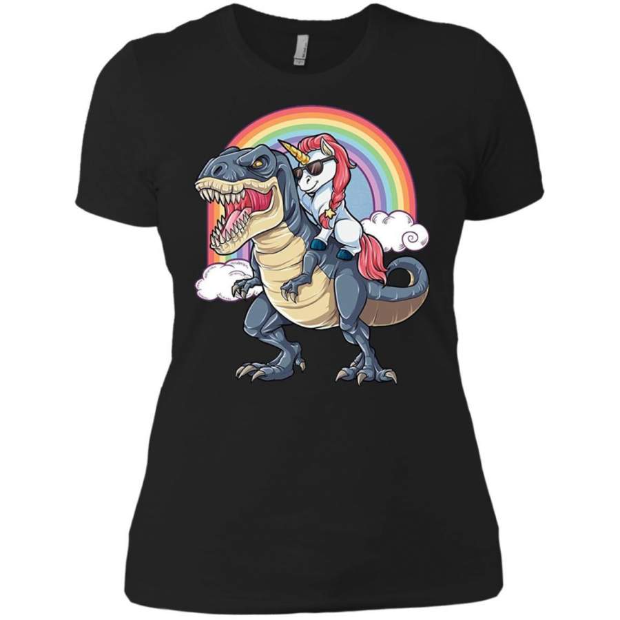 Unicorn Riding Dinosaur T Rex T Shirt Unicorns Rainbow Gifts Womens Cotton T-Shirt