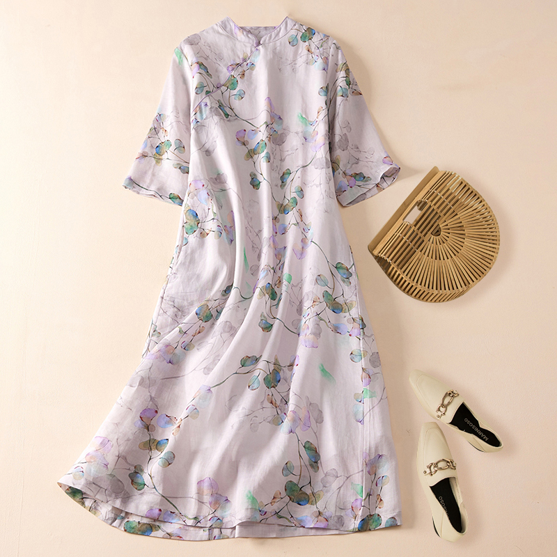 2022 New Arrival Stand Collar Print Floral Elegant Fashion Chinese Style Summer Dress Cheongsam Robes Women Casual Midi Dress alx