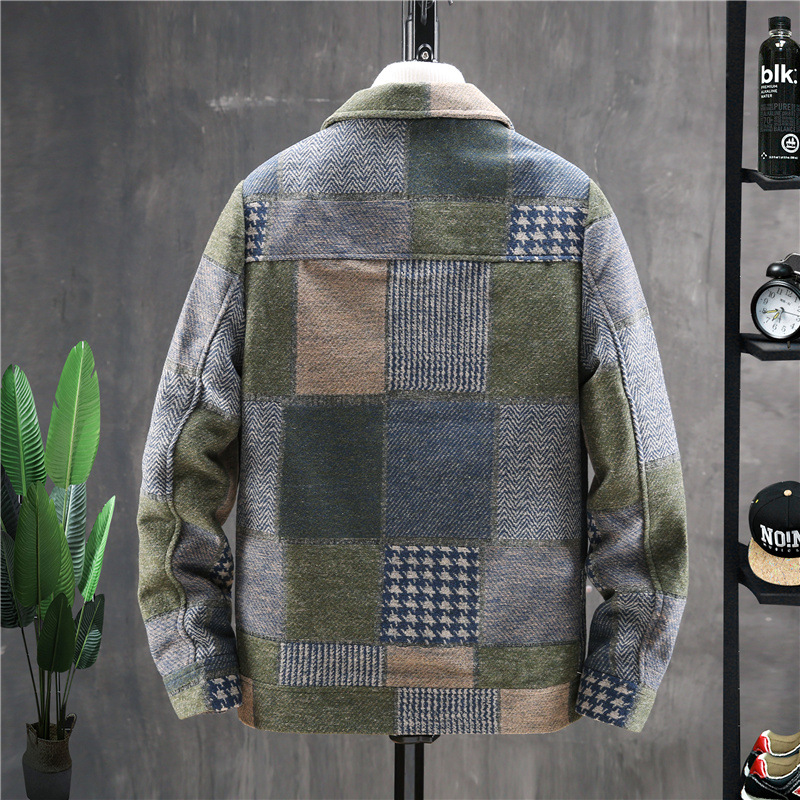 Autumn and winter new men’s plaid stitching fashion woolen coat casual cardigan lapel large pocket jacket alx