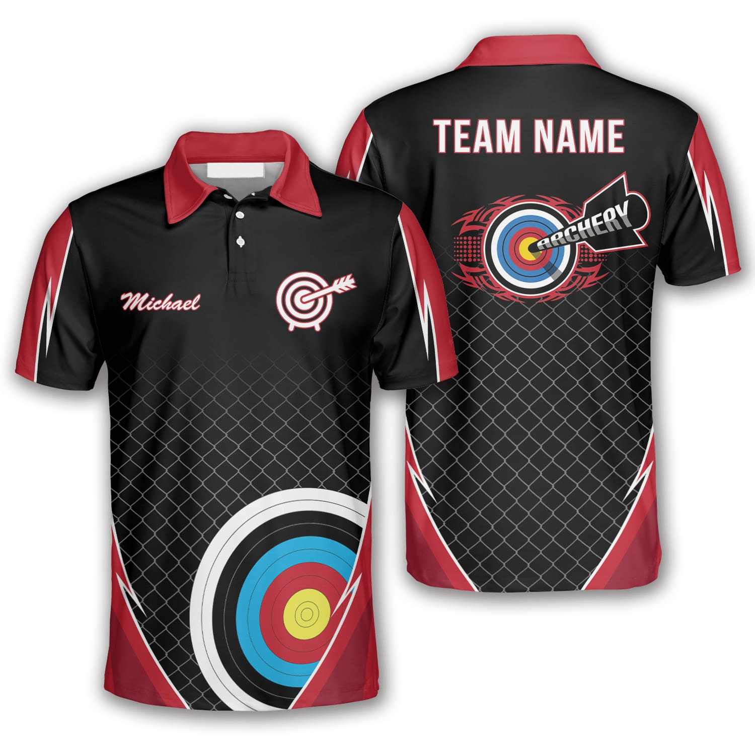 Red Black Net Pattern Custom Archery Shirts For Men, Uniform For Team Archery