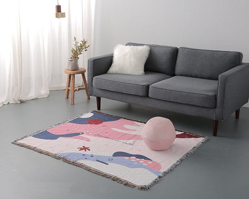 Abstract Ginkgo Leaf Pink Vintage Retro Style Couch Sofa Blanket,  Woven Throw Blanket Home Decor